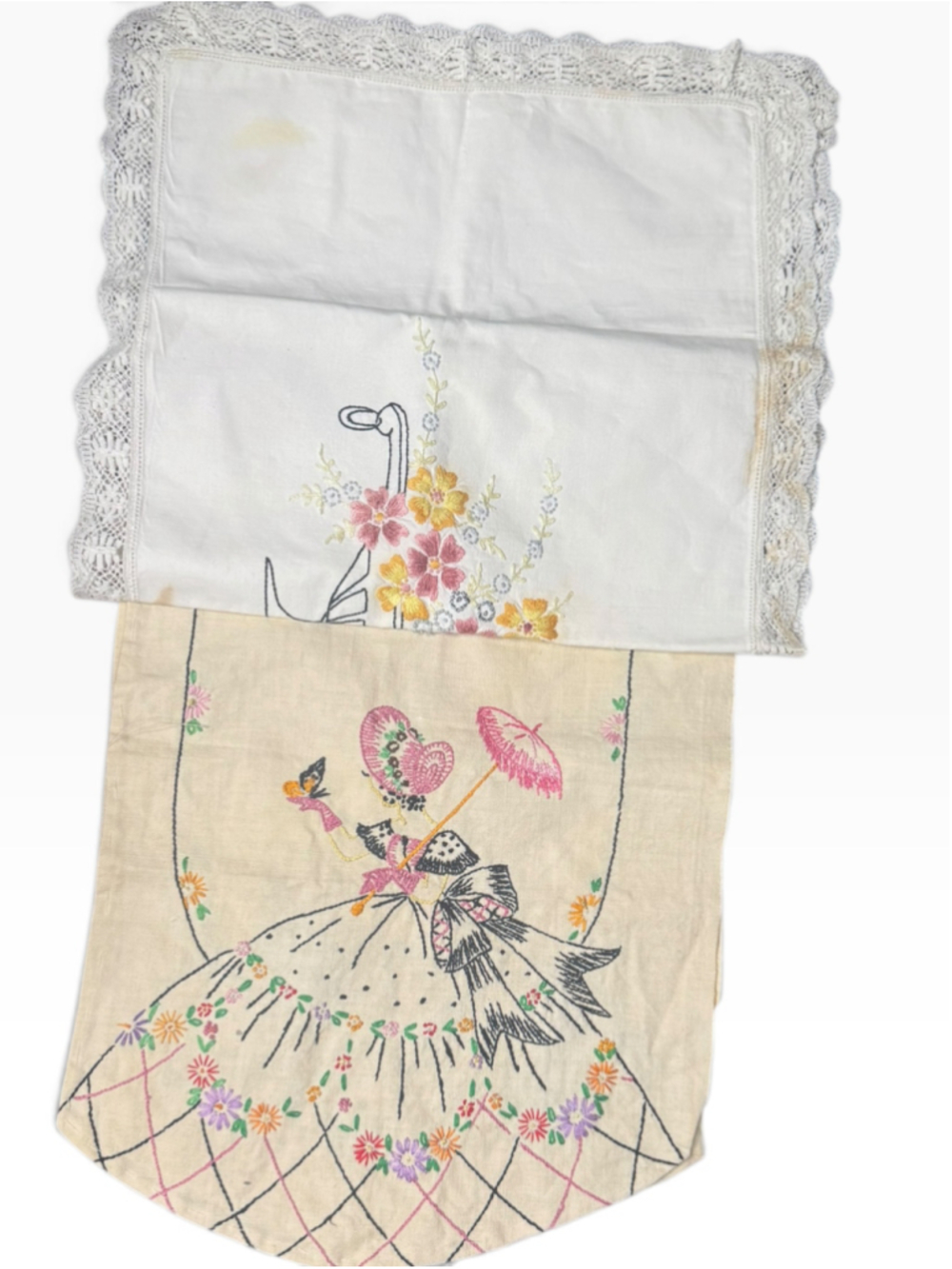 Vintage Hand Embroidered Dresser Scarf Table Runner Lot Crinoline Lady Lace